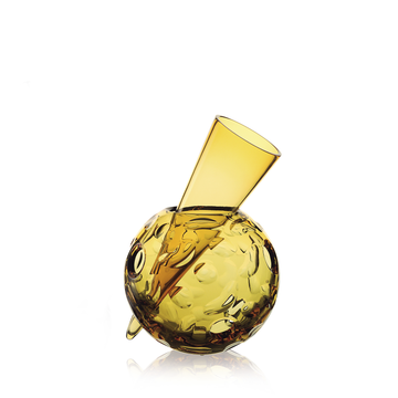 Mario Cioni Crystal Vulcano Amber Vase with Amber Cap by Tondo Doni on a white background available at spacio india for luxury home decor collection of decorative vases.