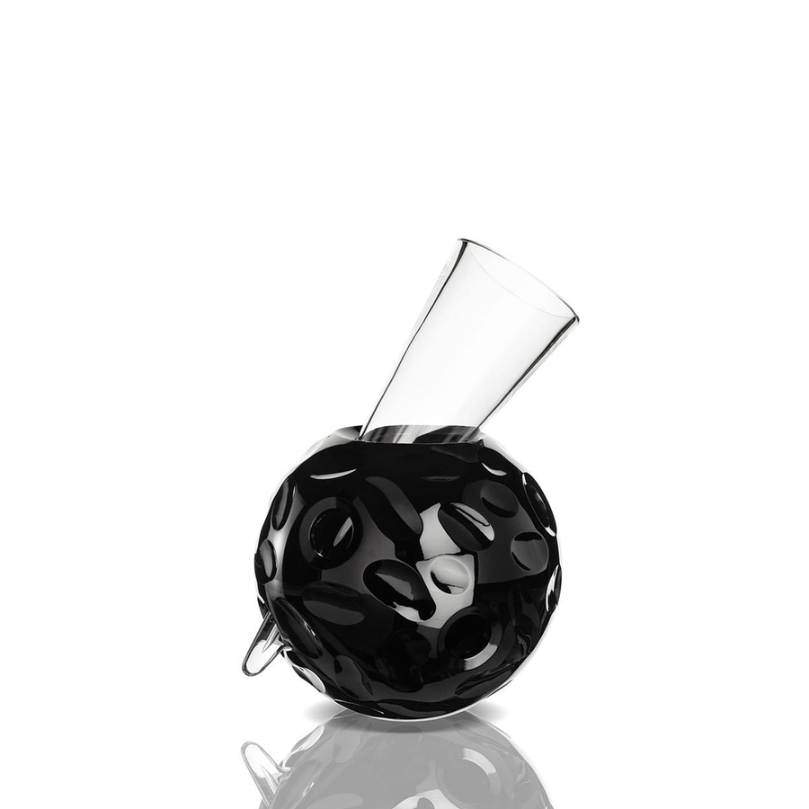 Mario Cioni Vulcano Black & White Crystal Vase featuring a textured spherical design with a tilted neck, handcrafted in Italy from premium crystal.