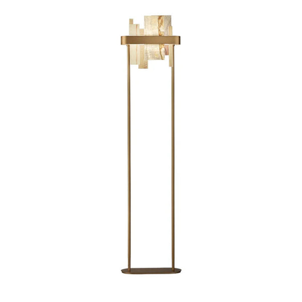 Modern floor lamp with gold base and marble-like shade on a white background by Masiero available at Spacio retail stores in Mumbai & Kolkata. 
