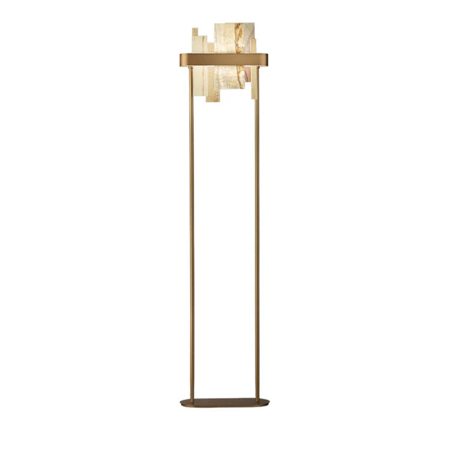 Modern floor lamp with gold base and marble-like shade on a white background by Masiero available at Spacio retail stores in Mumbai & Kolkata. 