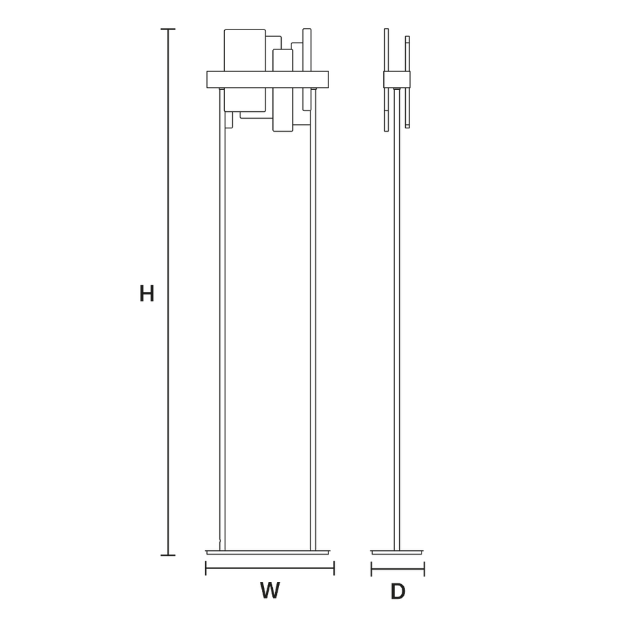 Technical drawing of a vertical object with dimensions labeled H, W, and D.