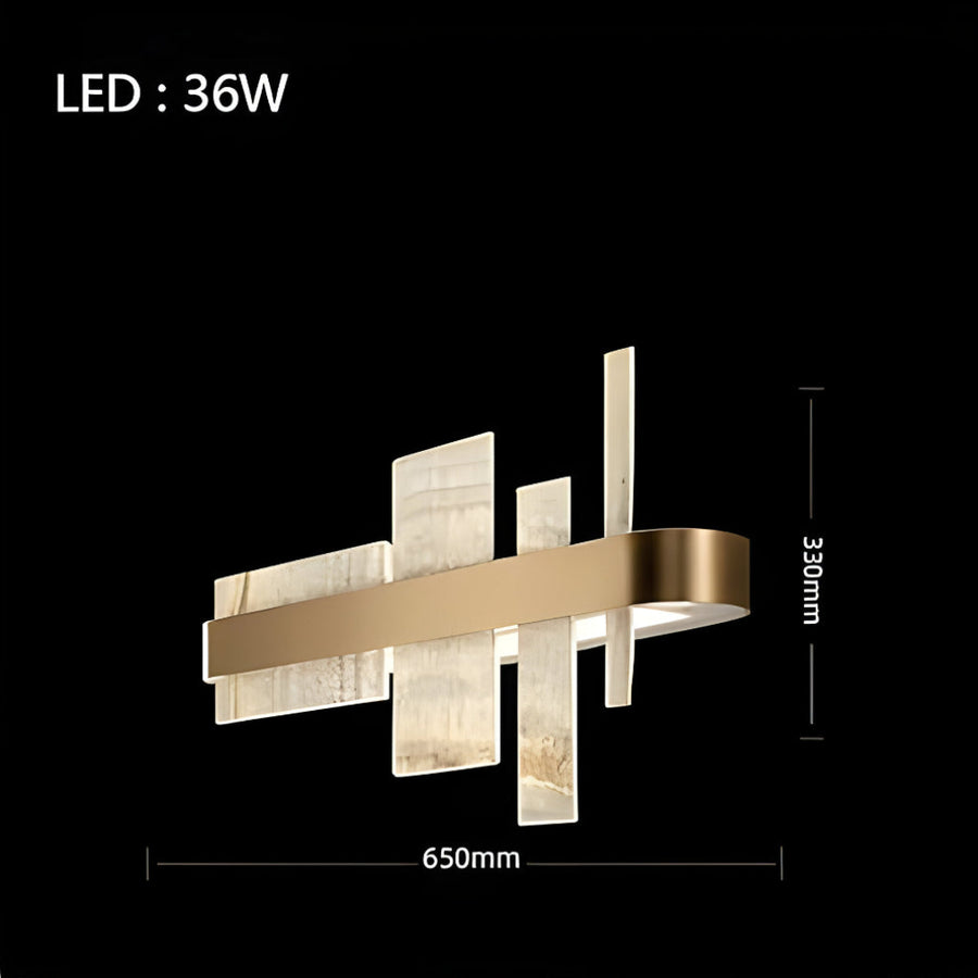 Modern wall light fixture with dimensions on a black background