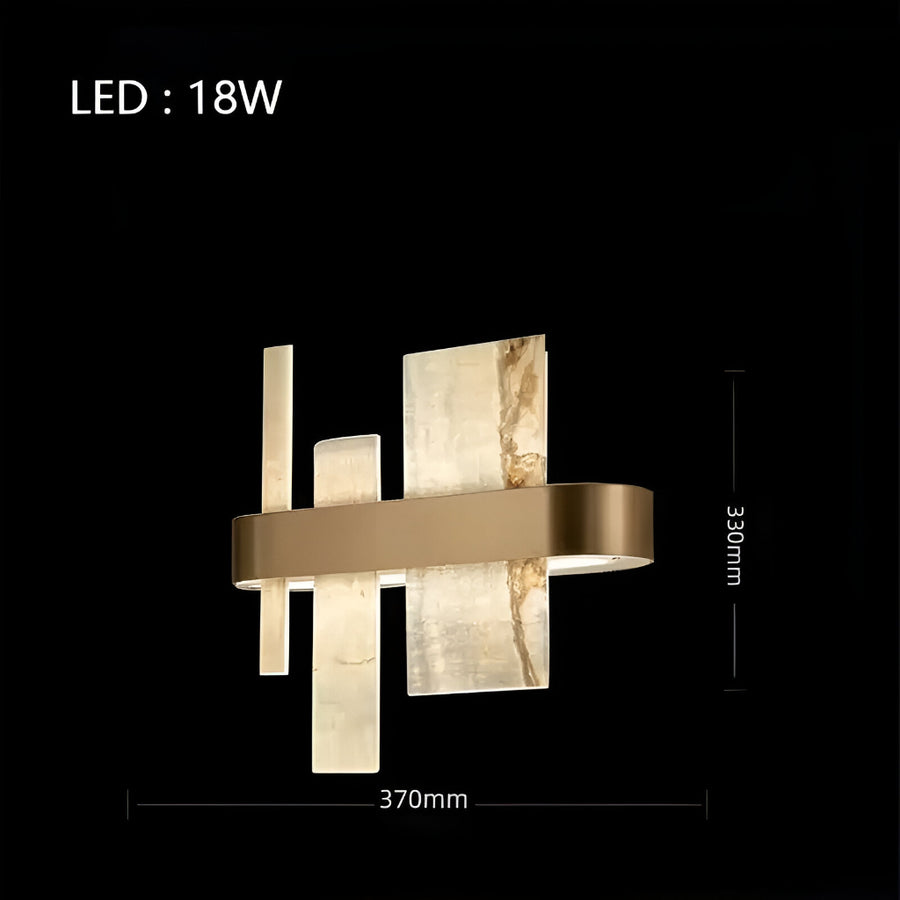 Modern wall light fixture with dimensions on a black background