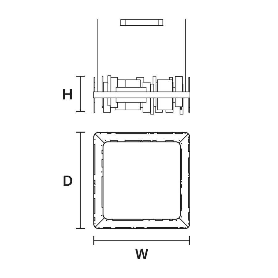 Technical drawing of a rectangular chandelier with dimensions labeled H, D, and W.