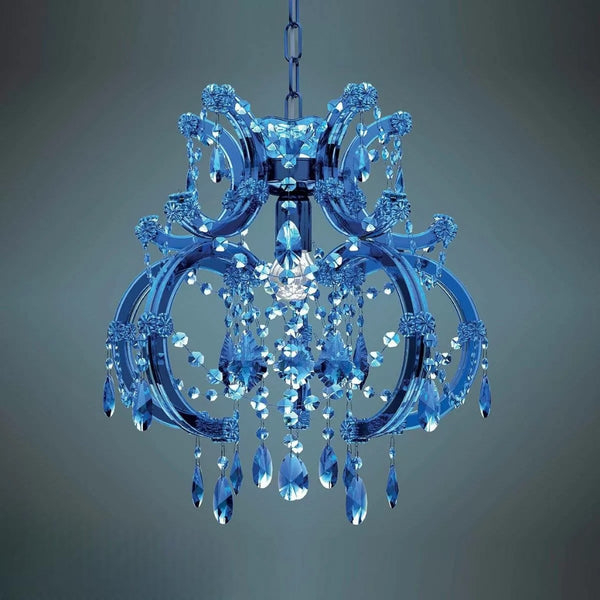 Blue chandelier with crystal elements on a dark background