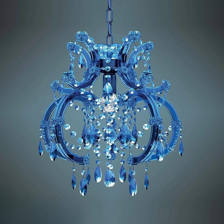 Blue chandelier with crystal elements on a dark background
