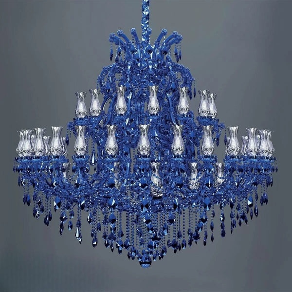 Blue classic chandelier by Masiero with clear crystals on a gray background available at Spacio in India. 