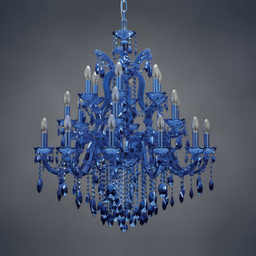 Classic Blue crystal chandelier against a gray background by Masiero available at Spacio retail stores in Mumbai & Kolkata.