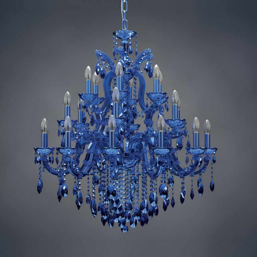 Classic Blue crystal chandelier against a gray background by Masiero available at Spacio retail stores in Mumbai & Kolkata.