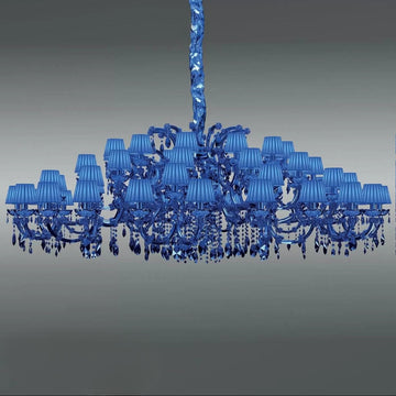 Classic Blue chandelier with crystal details on a gray background