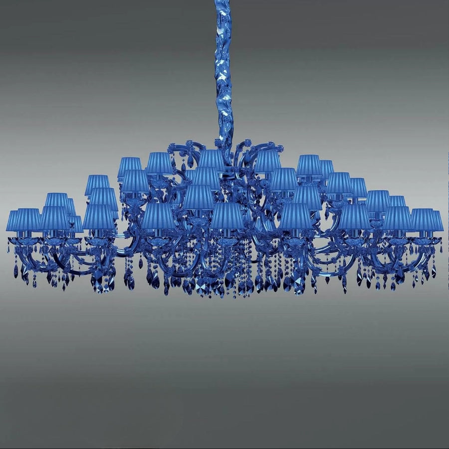 Classic Blue chandelier with crystal details on a gray background