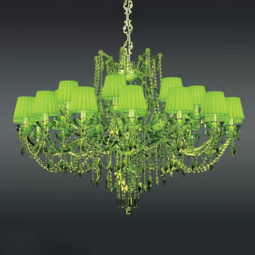 Classic design Green chandelier with green lampshades on a dark background by Masiero available at Spacio retail stores in India. 