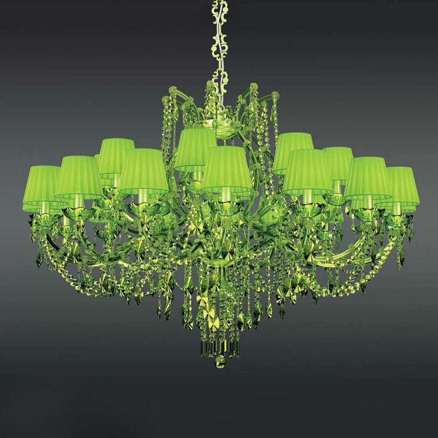 Classic design Green chandelier with green lampshades on a dark background by Masiero available at Spacio retail stores in India. 