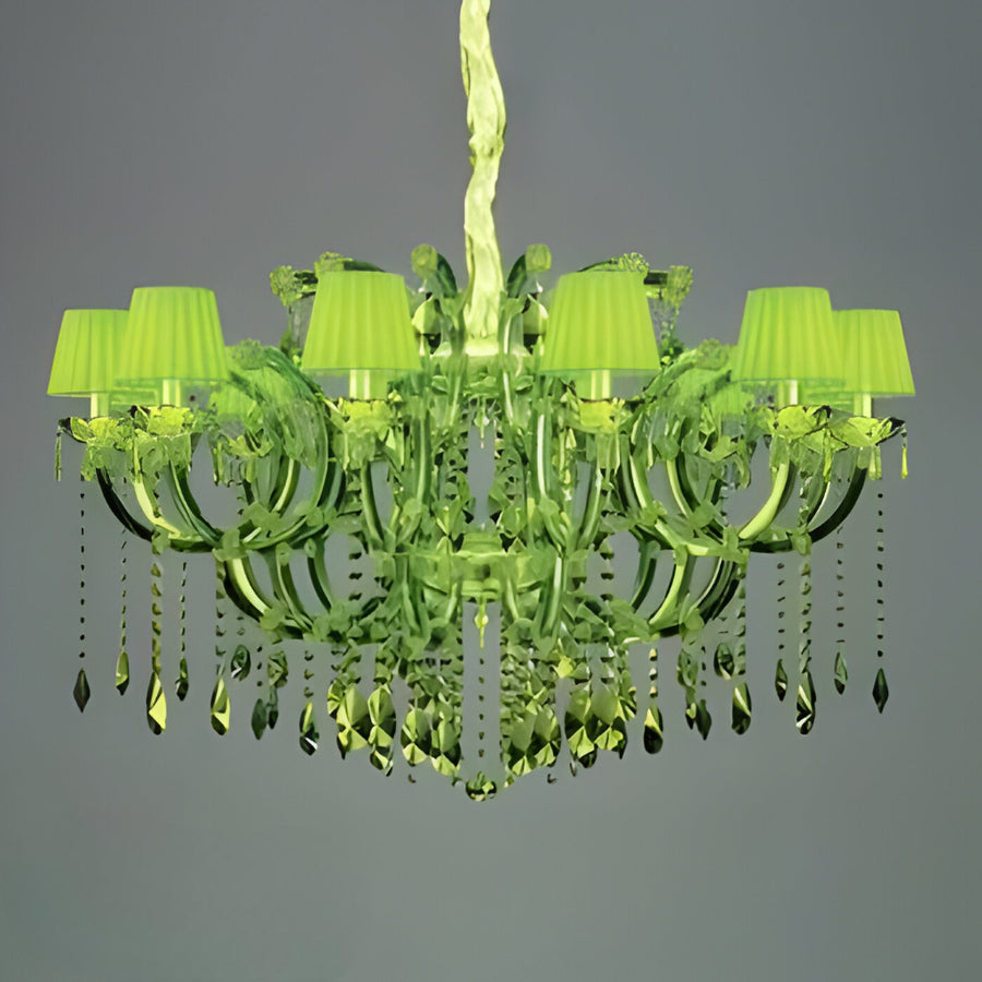 Classic Green crystal chandelier with green lampshades on a gray background by Masiero at Spacio in India.
