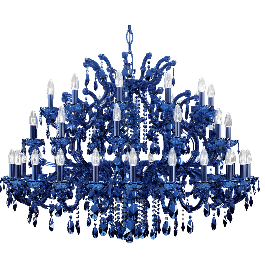 Classic Blue crystal chandelier with intricate design on a white background by Masiero available at Spacio in India. 