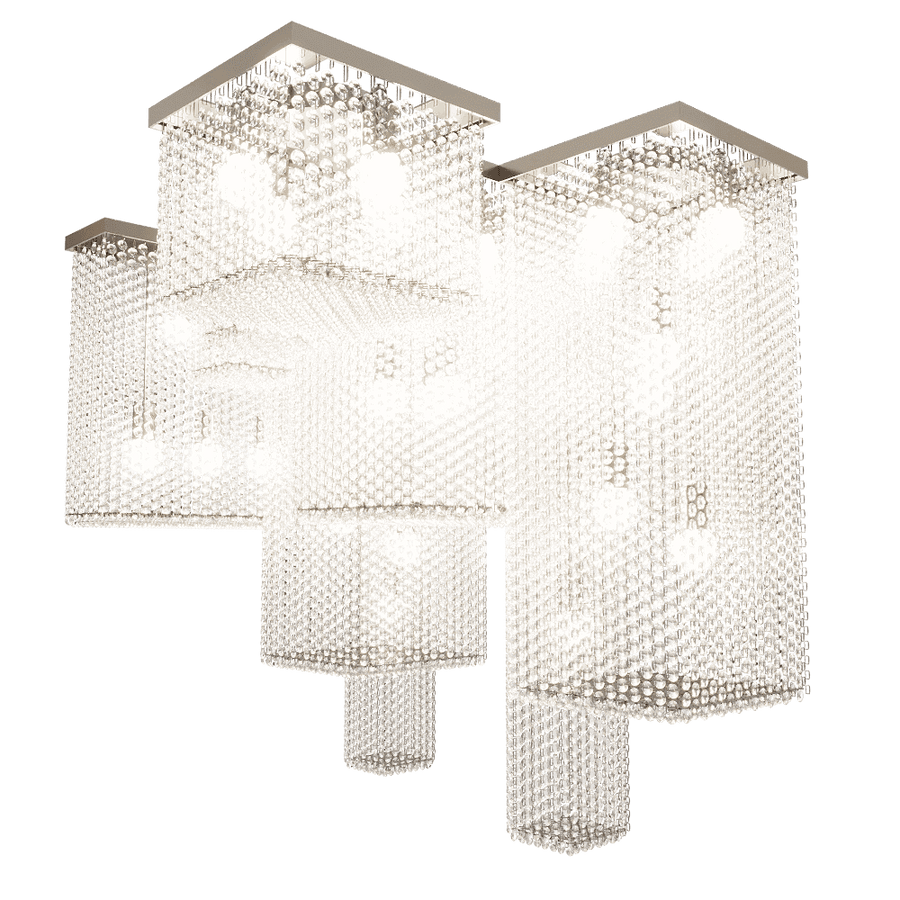 Modern chandelier with crystal accents on a black background