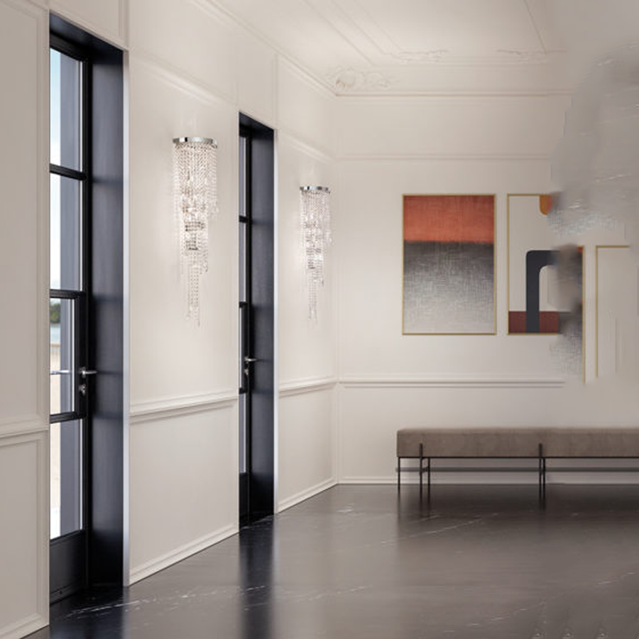 Modern interior with a bench, abstract painting, and decorative wall lights.