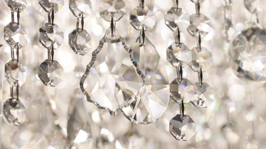 Close-up of a chandelier with crystal beads
