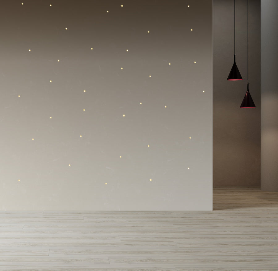 Meystyle Stars Boutique LED Wallpaper in an elegant beige finish with embedded LED lights, bringing the night sky indoors. Available at Spacio India.