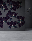 Elegant dark floral patterned Meystyle Dreams Boutique LED & Crystal Wall Paper, hand-embellished with crystals and glowing LEDs, available at Spacio India.