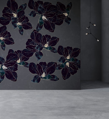 Elegant dark floral patterned Meystyle Dreams Boutique LED & Crystal Wall Paper, hand-embellished with crystals and glowing LEDs, available at Spacio India.