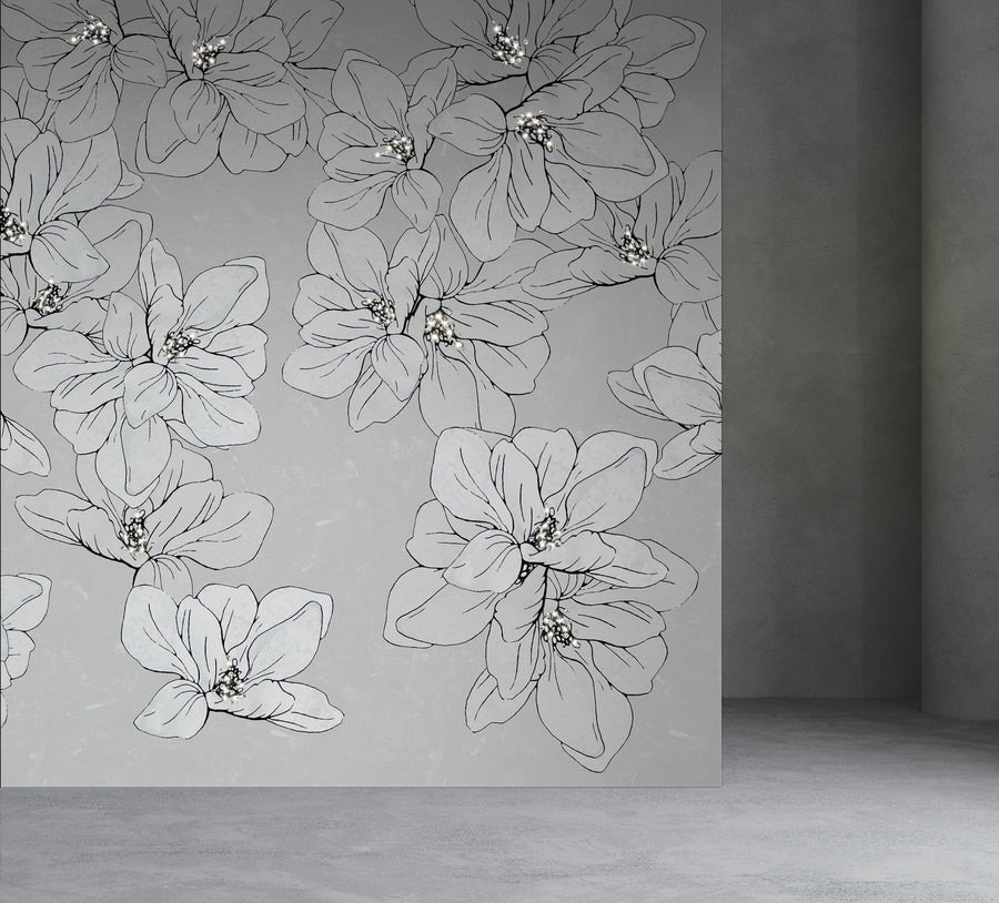 Sophisticated grey floral LED wall covering with delicate crystal accents from Meystyle Dreams Boutique collection, perfect for luxurious interiors, available at Spacio India.