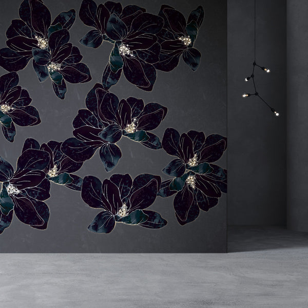 Elegant dark floral patterned Meystyle Dreams Boutique LED & Crystal Wall Paper, hand-embellished with crystals and glowing LEDs, available at Spacio India.