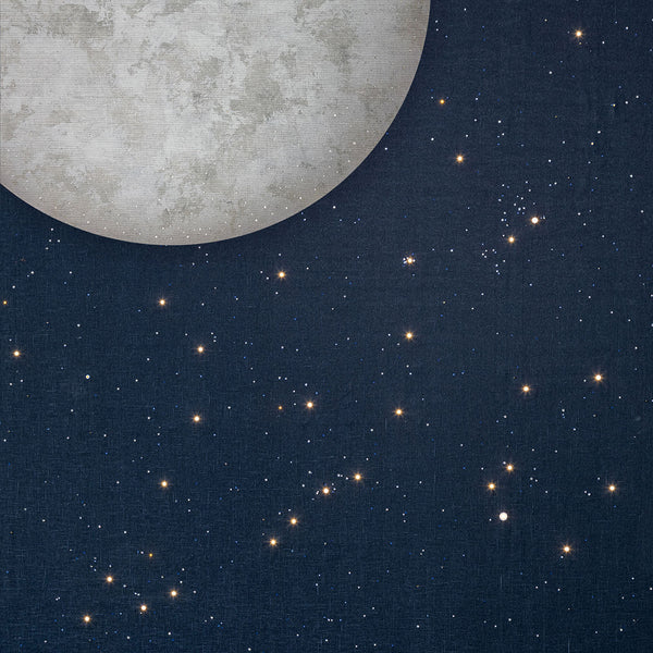 Meystyle Moon Illusions of Entropy LED & Crystal Wallpaper featuring a glowing moon and twinkling stars against a dark blue background, available at Spacio India retail stores and online.
