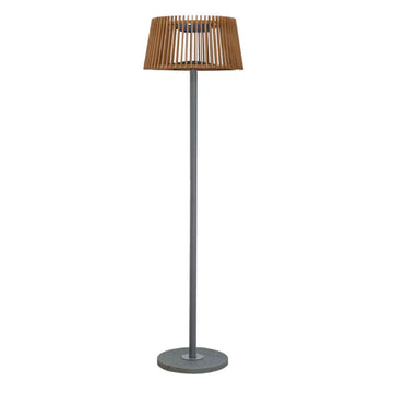 Indoor Outdoor Solar Floor lamp with a teak wooden shade on a white background by Les Jardins available at Spacio retail stores in Mumbai & Kolkata. 