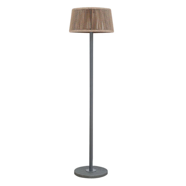 Indoor Outdoor Solar rope floor lamp with wicker shade on a white background by Les Jardins available at Spacio retail stores in Mumbai & Kolkata. 