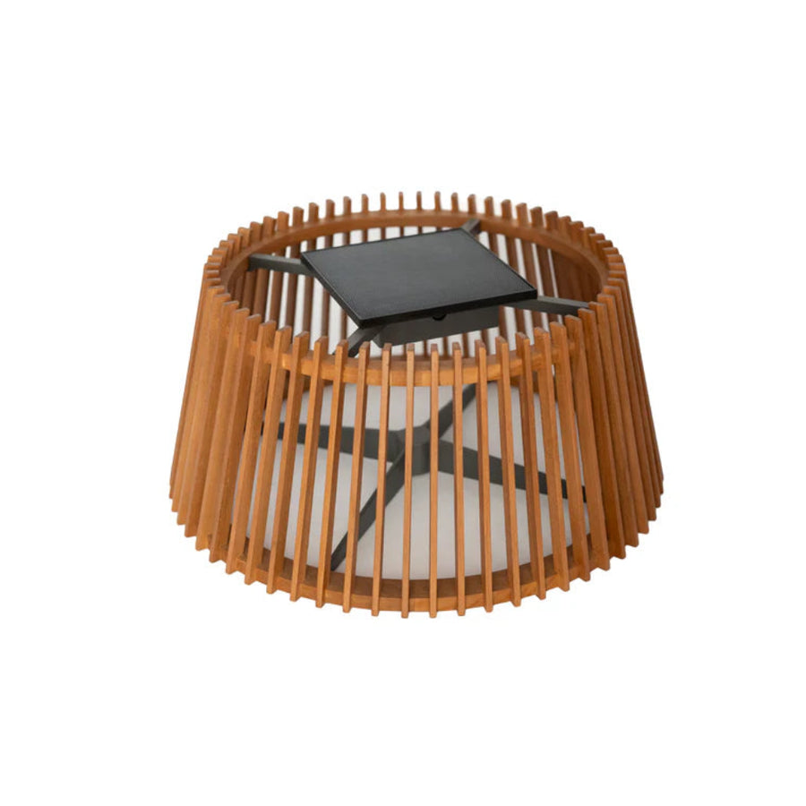 Wooden teak shade of solar floor lamp with a solar panel on a white background by Les Jardins available at Spacio retail stores in Mumbai & Kolkata. 