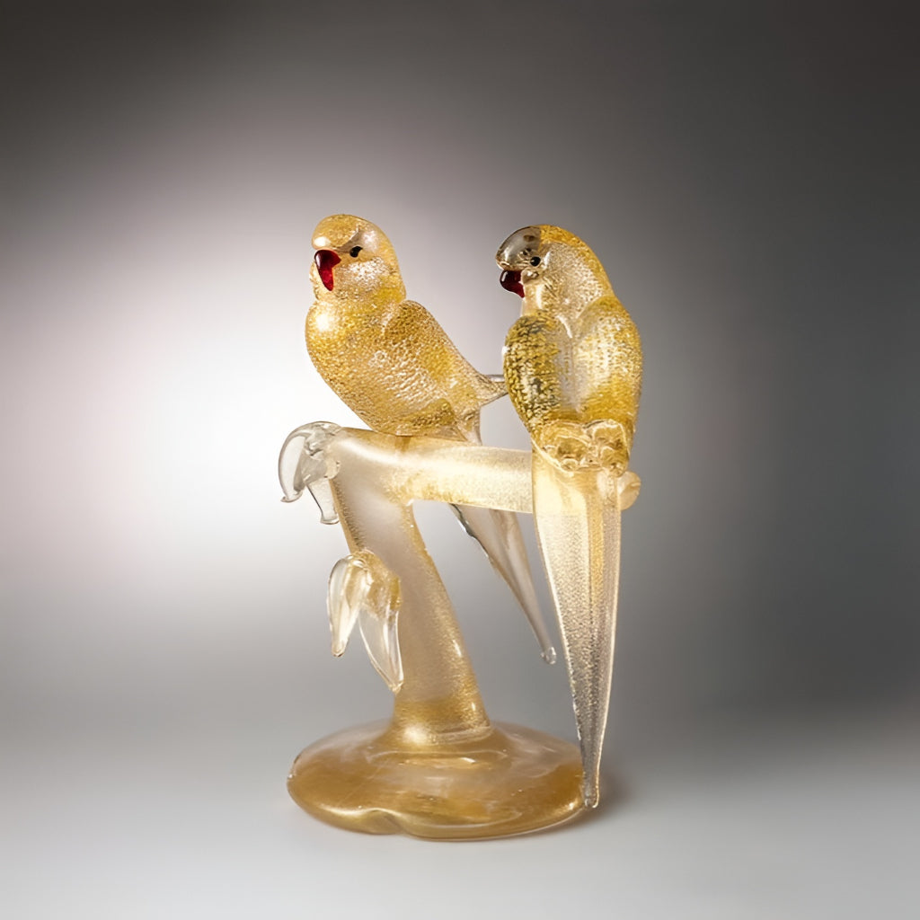 2 Gold Parakeets Murano Glass Sculpture | Spacio