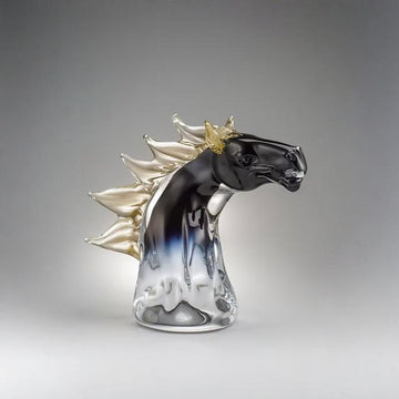 Murano Glass sculpture of a horse head with black, white, and gold colors on a gray background at Spacio retail stores in Mumbai & Kolkata