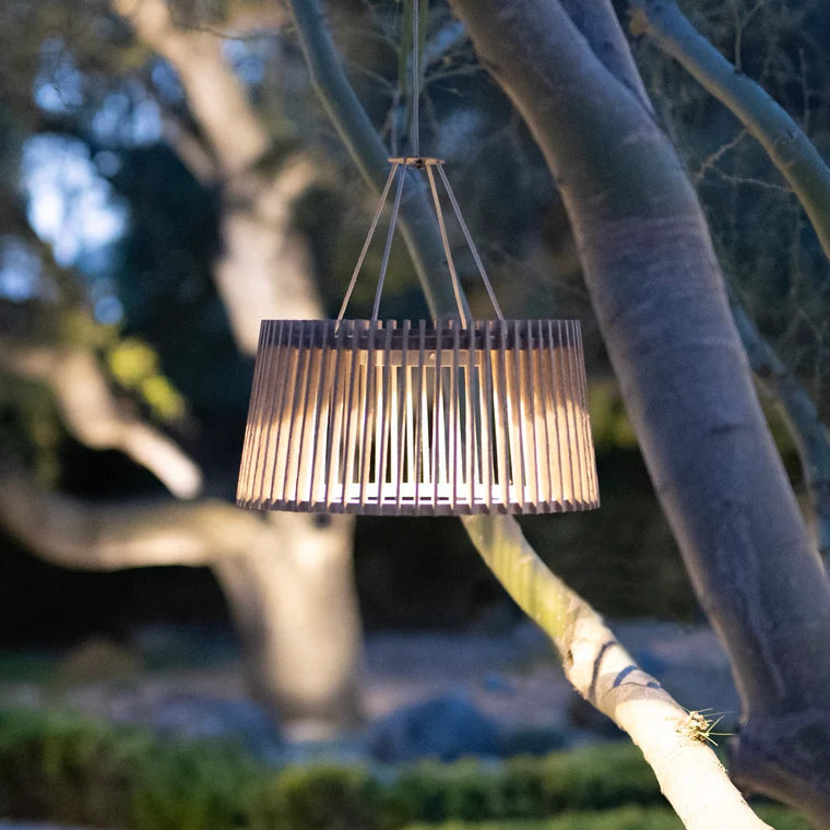 Hanging outdoor light fixture on a tree branch with a blurred natural background by Les Jardins available at Spacio retail stores in Mumbai & Kolkata. 
