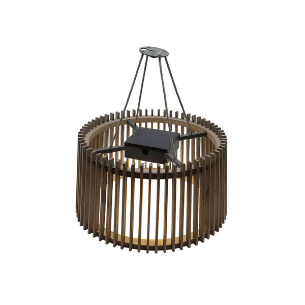 Wooden pendant solar light with black hanging fixture on a white background