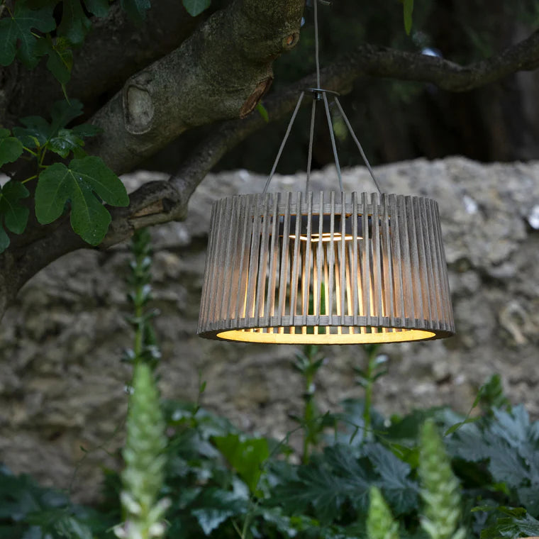 Wooden pendant solar light hanging among plants with a stone wall background by Les Jardins available at Spacio retail stores in Mumbai & Kolkata. 
