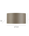 Brown cylindrical lampshade with dimensions on a white background