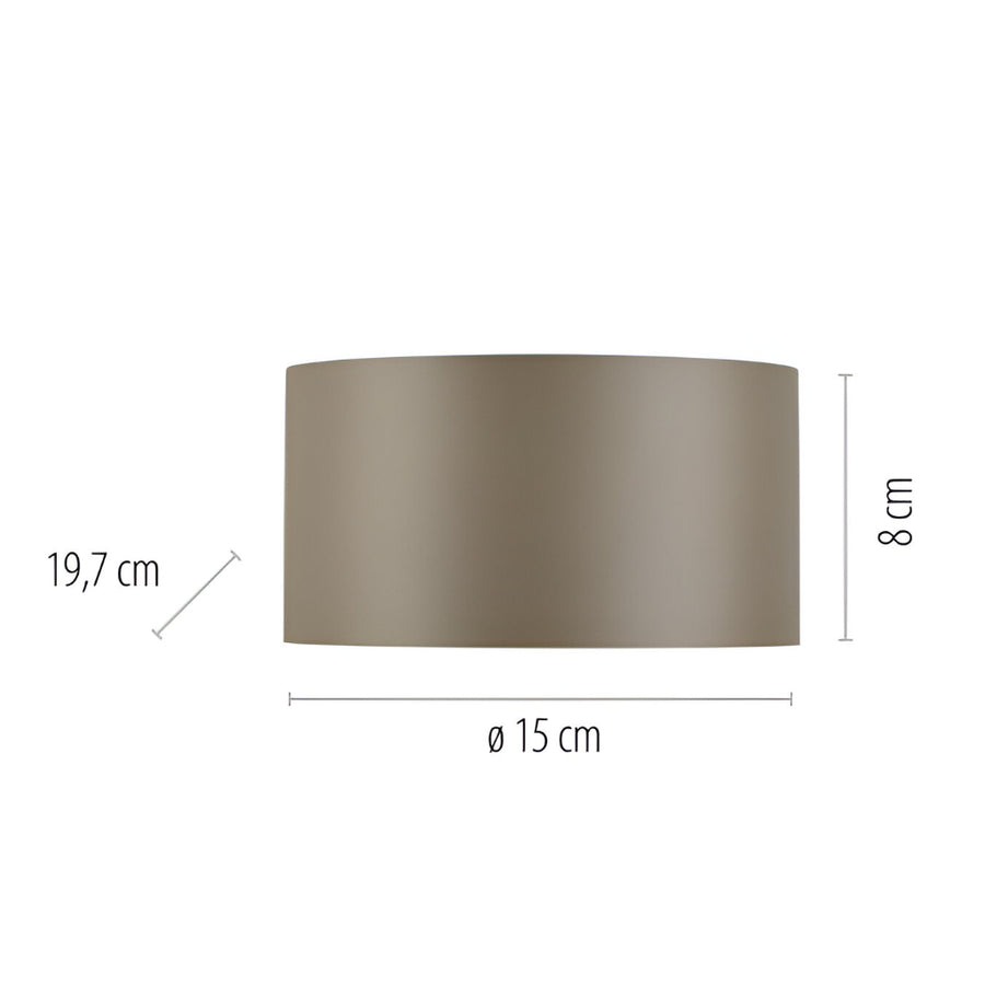 Brown cylindrical lampshade with dimensions on a white background