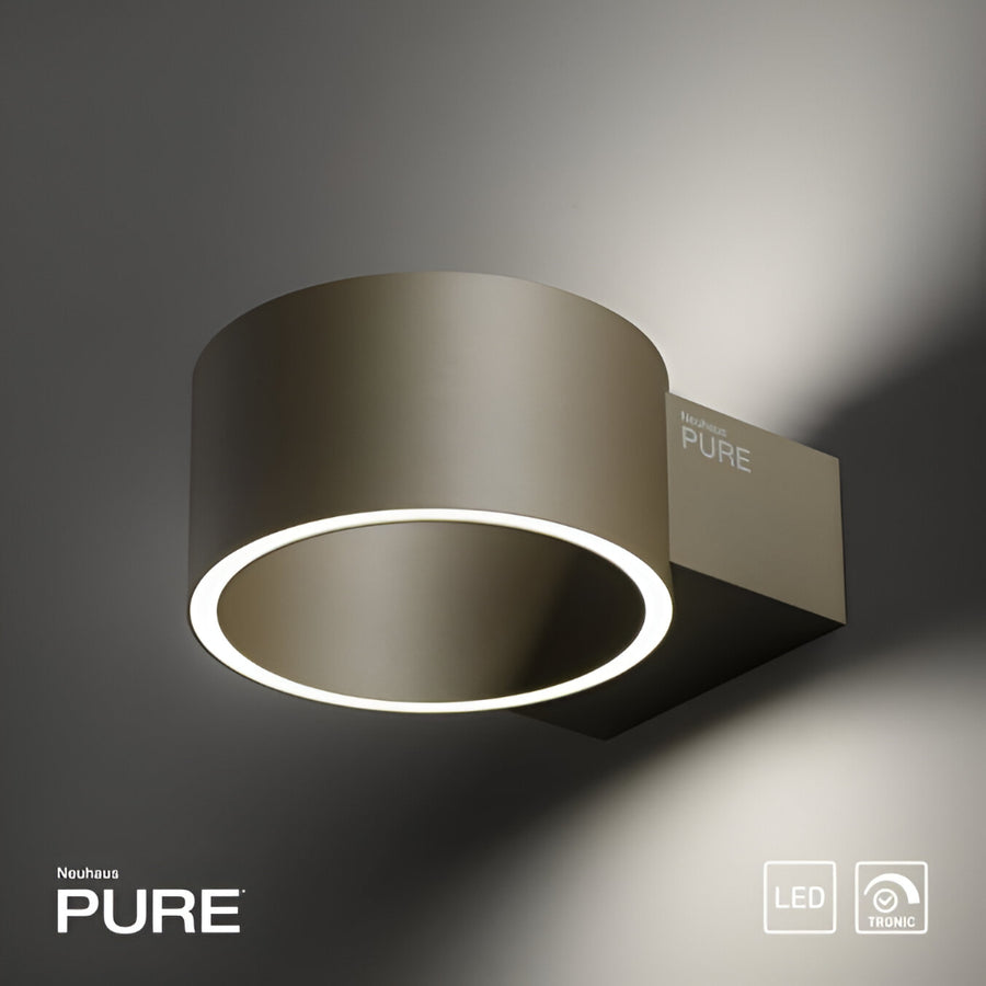 Modern wall-mounted light fixture with 'Neolux Pure' branding on a dark background