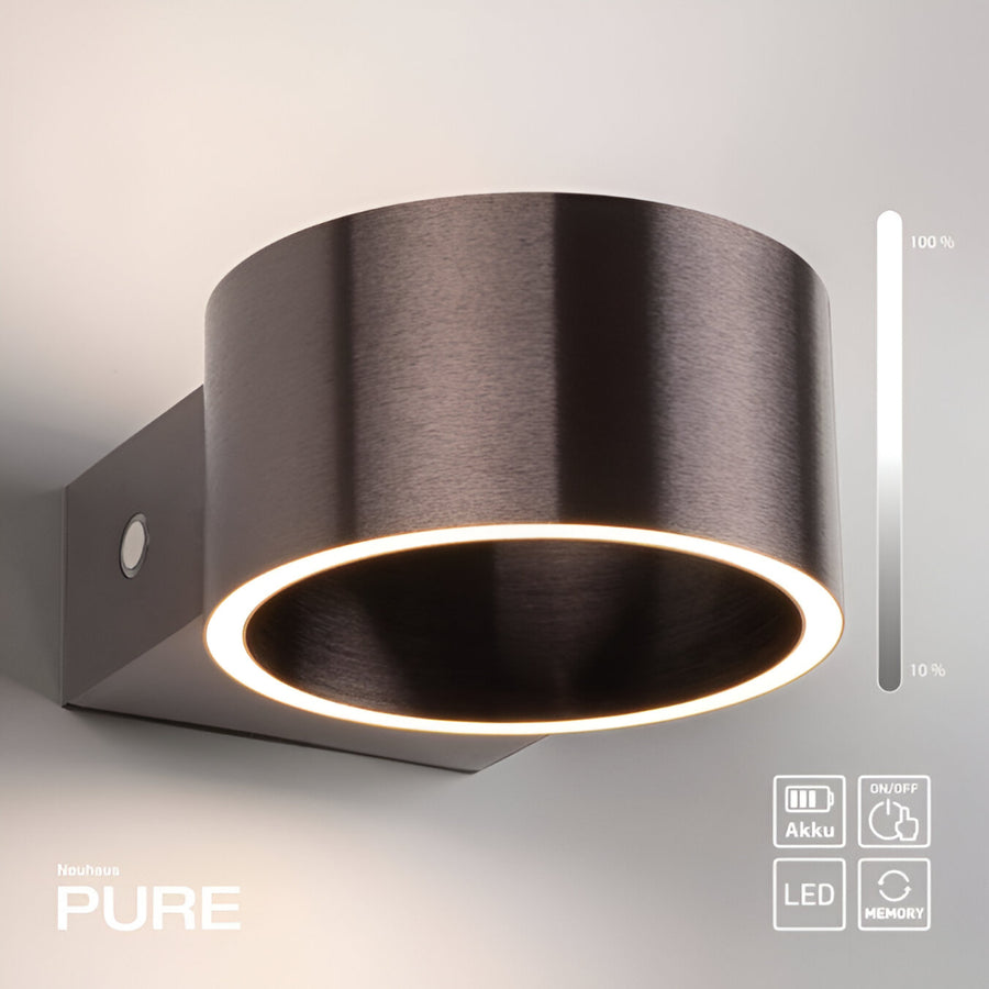 Modern wall-mounted rechargeable light fixture with 'PURE' branding on a gray background