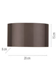 Brown cylindrical lampshade with dimensions on a white background