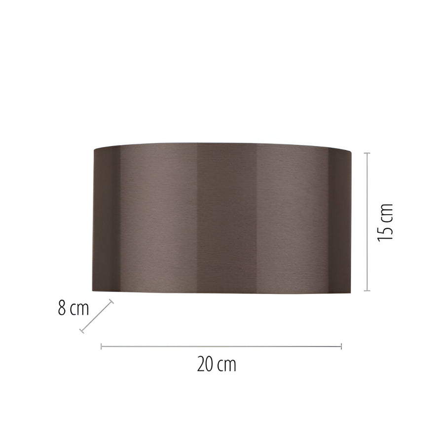 Brown cylindrical lampshade with dimensions on a white background
