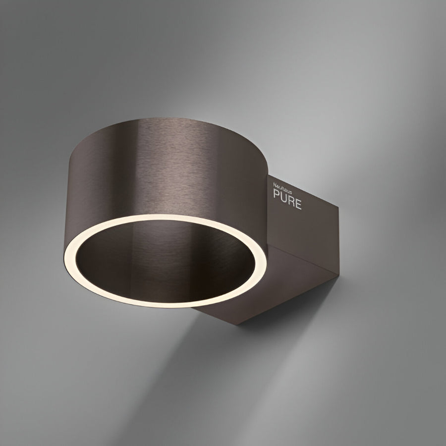 Modern wall-mounted rechargeable light fixture with 'PURE' branding on a gray background