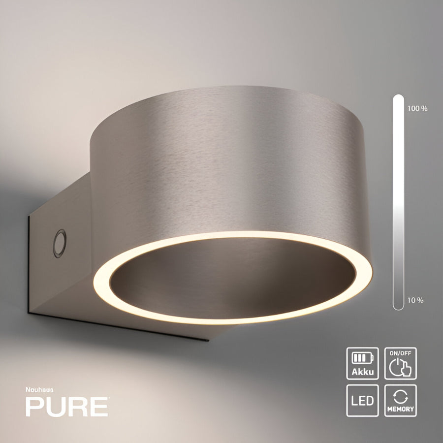 Modern wall-mounted rechargeable light fixture with 'PURE' branding on a gray background