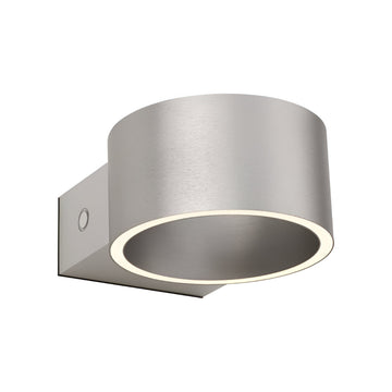 Silver wall-mounted rechargeable light fixture on a white background