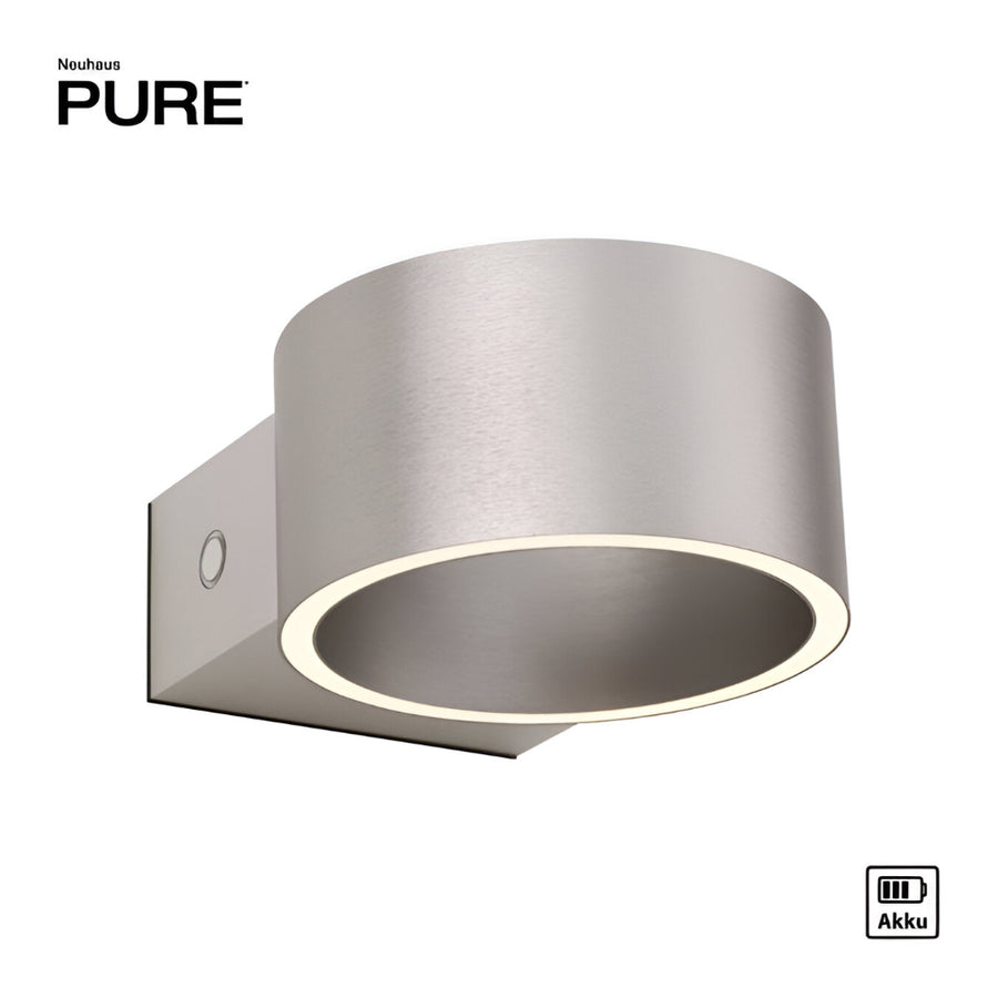Silver wall rechargeable light fixture with 'Neuhaus Pure' branding on a white background