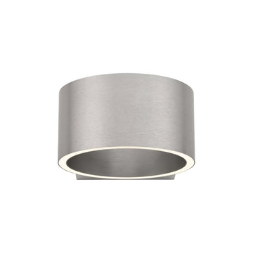 Silver cylindrical light fixture on a white background