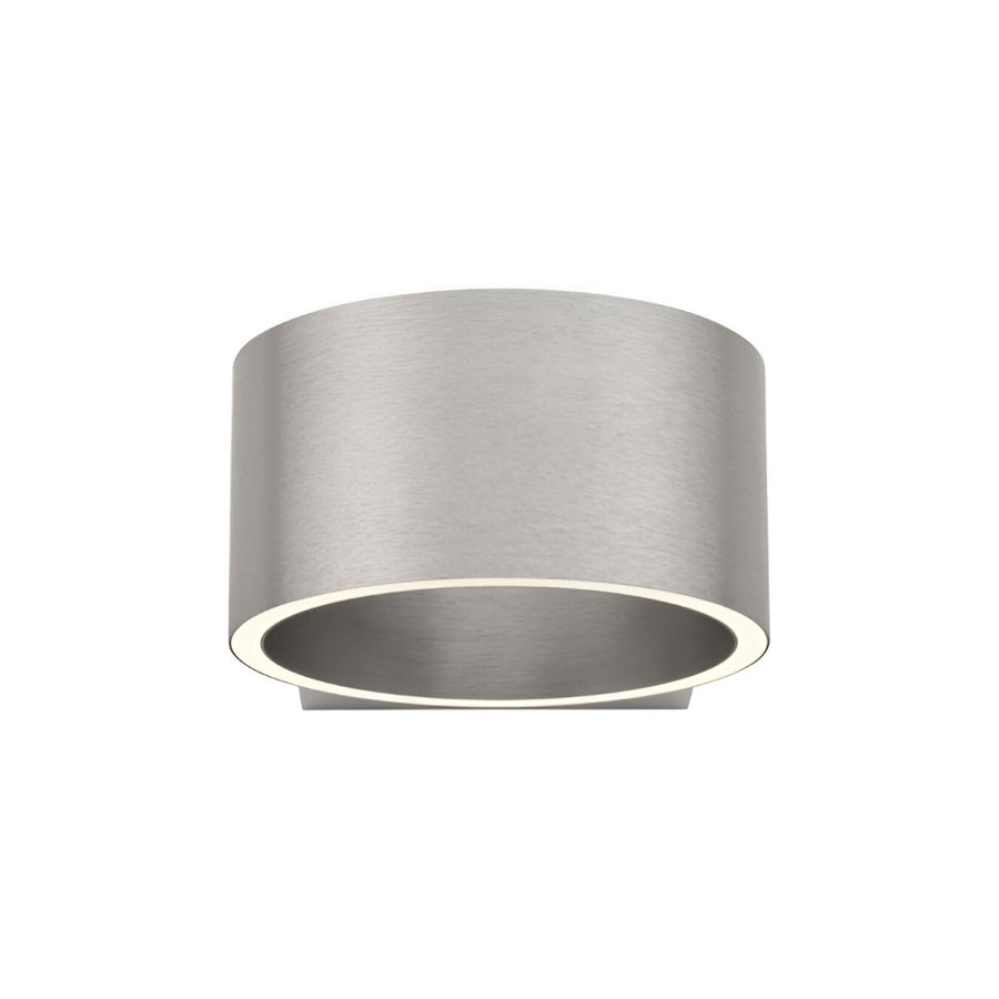Silver cylindrical light fixture on a white background