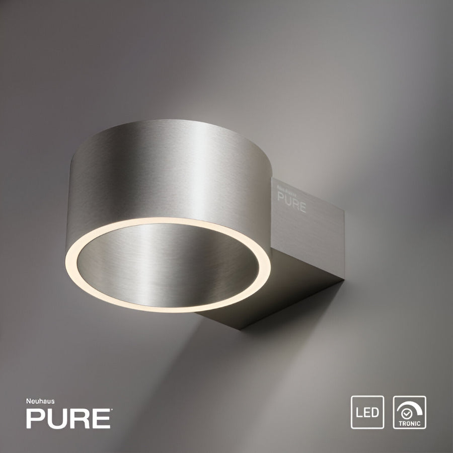 Modern wall-mounted light fixture with 'Neubau PURE' branding on a gray background