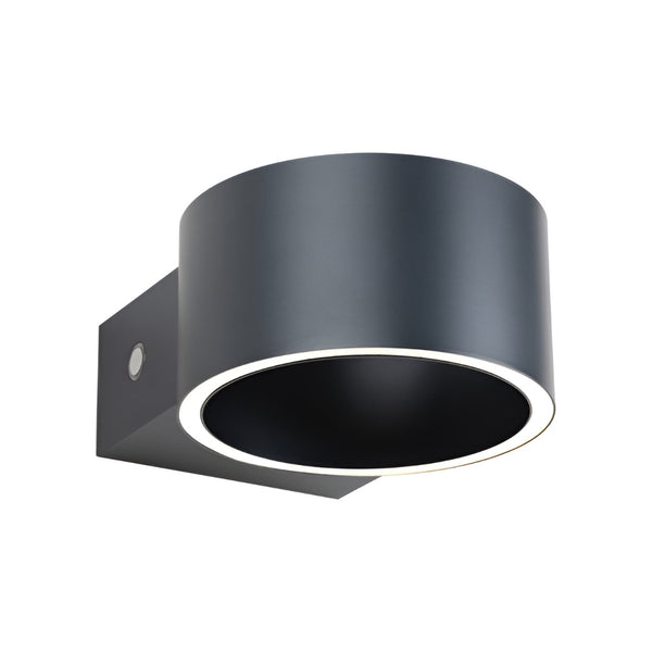 Black cylindrical rechargeable wall light fixture on a white background
